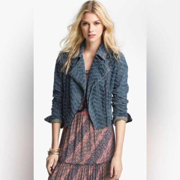 FREE PEOPLE Denim Moto Punched Pattern Motorcycle Jacket Women’s Size 2 XS - Picture 1 of 11